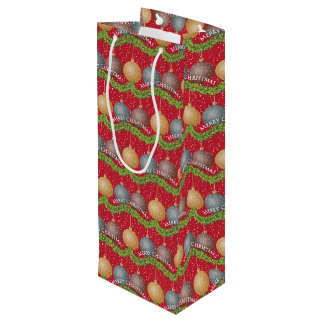 RED Merry Christmas ball ornaments pattern Wine Gift Bag (Back Angled)