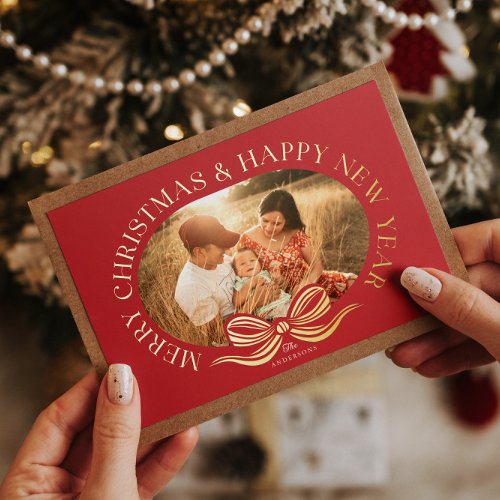 Red Merry Christmas Bow Gold Foil Holiday Card