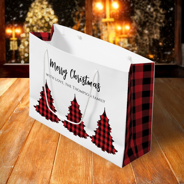 Red Merry Christmas Buffalo Check Custom Large Gift Bag (Merry Christmas holiday gift wrap with buffalo check pattern Christmas Trees)