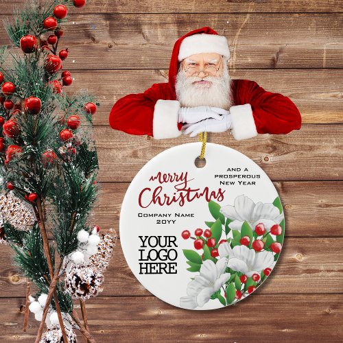 Red Merry Christmas Business Logo Berries Floral Ceramic Ornament