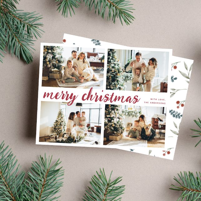 Red Merry Christmas Calligraphy Four Photo Holiday Card (Creator Uploaded)