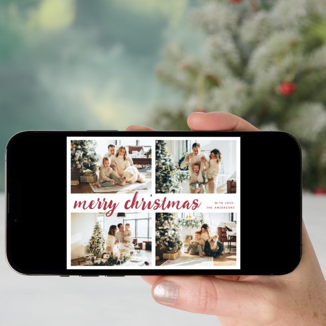 Red Merry Christmas Calligraphy Four Photo Holiday Card (Front Digital)