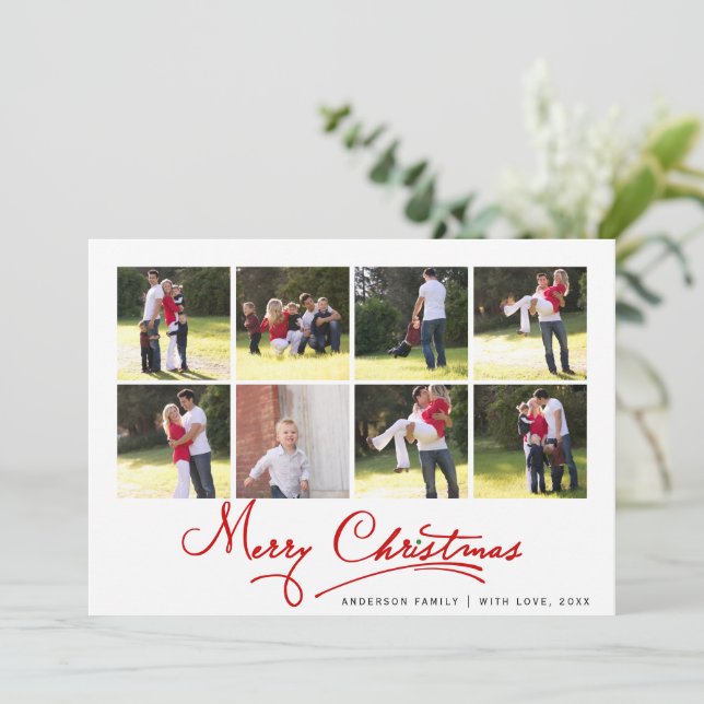 Red Merry Christmas calligraphy photo collage Holiday Card (Standing Front)