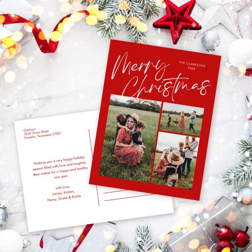 Red Merry Christmas Calligraphy Script 3 Photo Holiday Postcard