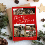 Red Merry Christmas Calligraphy Script 5 Photo Holiday Card<br><div class="desc">Red Merry Christmas Calligraphy Script 5 Photo Holiday Card features modern calligrapy script on the front,  along with three photos,  and a festive Christmas plaid on the back.</div>