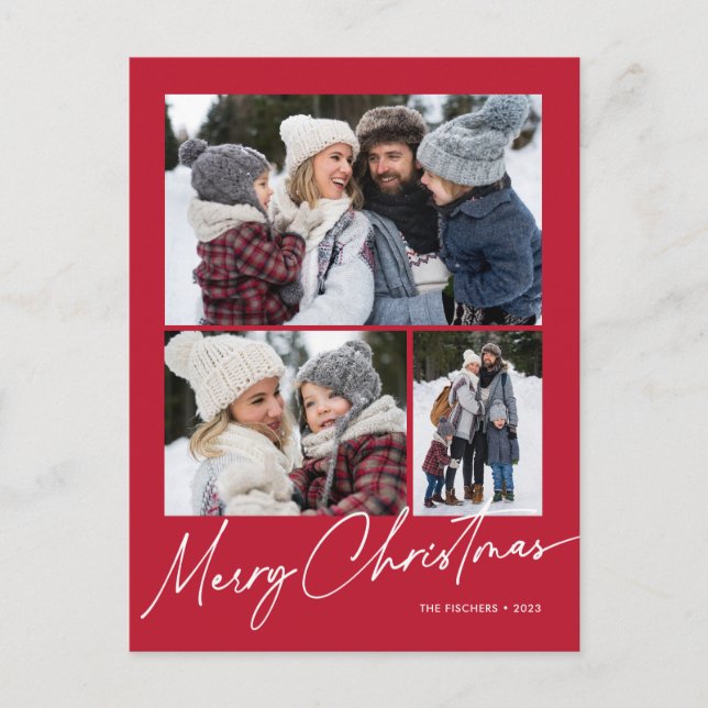 Red Merry Christmas Calligraphy Simple 3 Photo Holiday Postcard (Front)