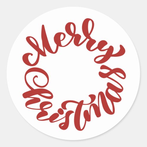 Red Merry Christmas Calligraphy Wreath Classic Round Sticker