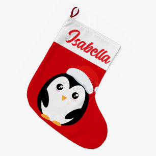 Red Merry Christmas Chubby penguin Santa hat Xmas Large Christmas Stocking