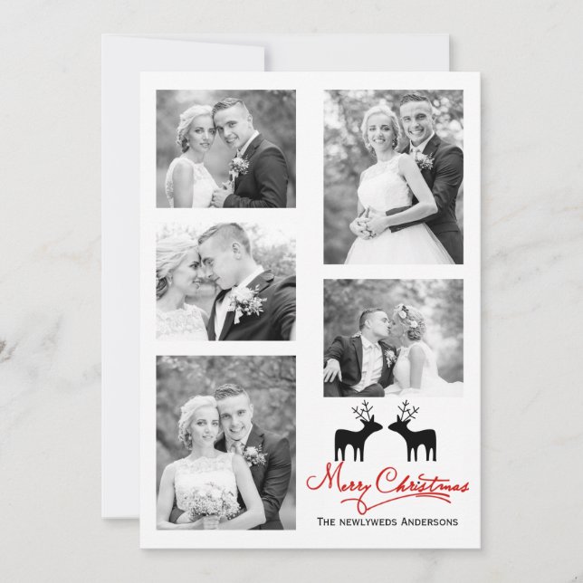 red Merry Christmas deer newlyweds photo collage Holiday Card (Front)