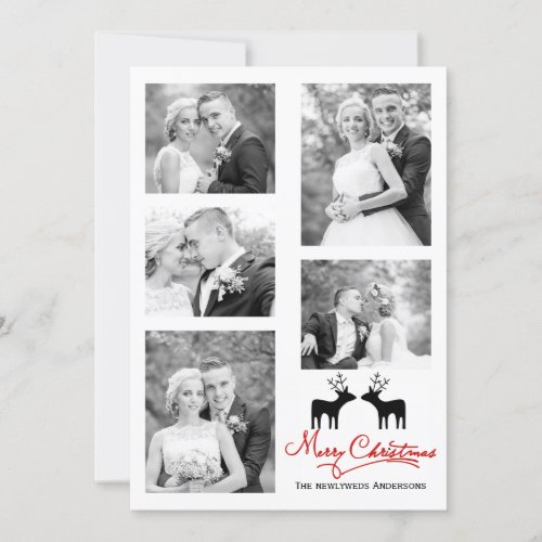 red Merry Christmas deer newlyweds photo collage Holiday Card