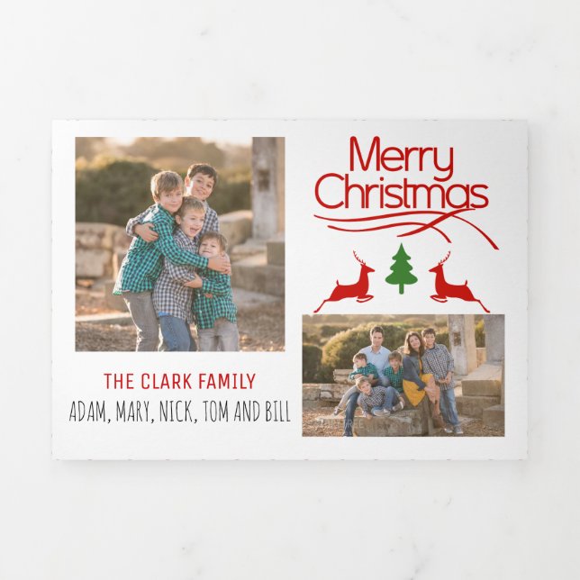 Red Merry Christmas, deer, tree pattern photo Tri-Fold Holiday Card (Cover)