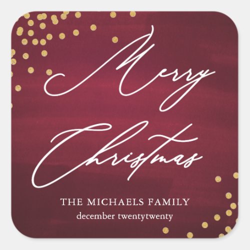 Red Merry Christmas Elegant Script with Faux Gold Square Sticker
