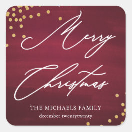 Red Merry Christmas Elegant Script with Faux Gold Square Sticker