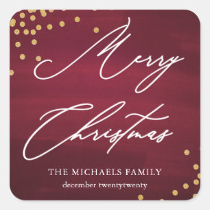 Red Merry Christmas Elegant Script with Faux Gold Square Sticker