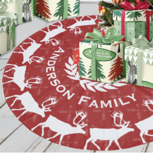 Red Merry Christmas Family Name Rustic Reindeer Fleece Tree Skirt