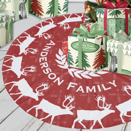 Red Merry Christmas Family Name Rustic Reindeer  Fleece Tree Skirt