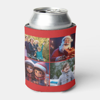 Red Merry Christmas Family Photo Can Cooler