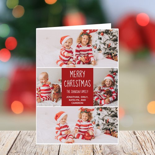 Red Merry Christmas Family Photo Collage Folded Holiday Card