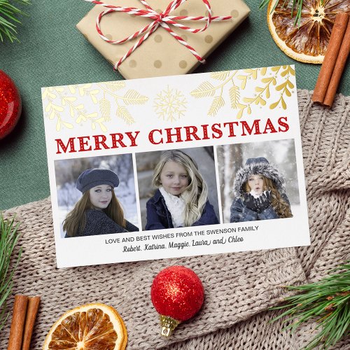 Red Merry Christmas Family Photo Gold Foil Holiday Card
