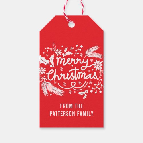 Red Merry Christmas Festive Holiday Floral Name Gift Tags