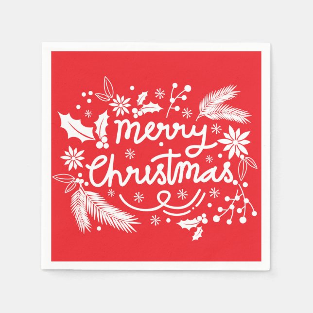 Red Merry Christmas Festive Holiday White Floral Napkins (Front)