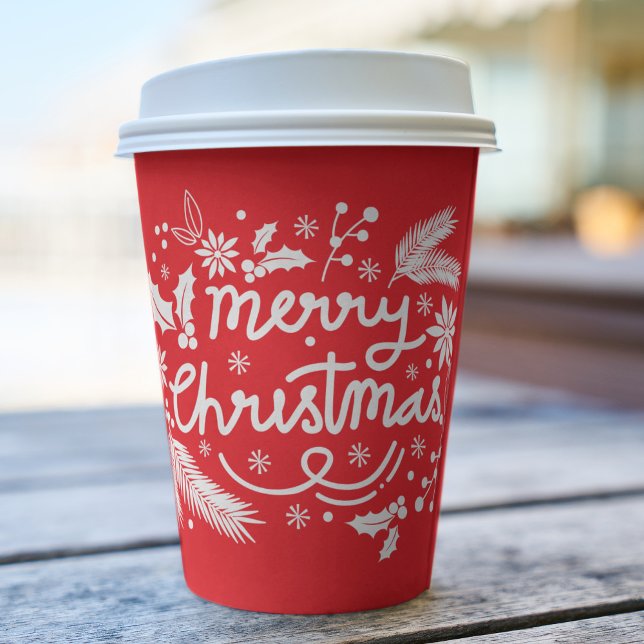 Red Merry Christmas Festive Holiday White Floral Paper Cups (Creator Uploaded)