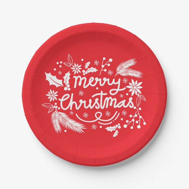 Red Merry Christmas Festive Holiday White Floral Paper Plates (Front)