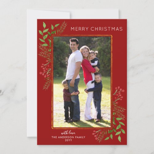 Red Merry Christmas Festive Leaves Berries Photo Holiday Card