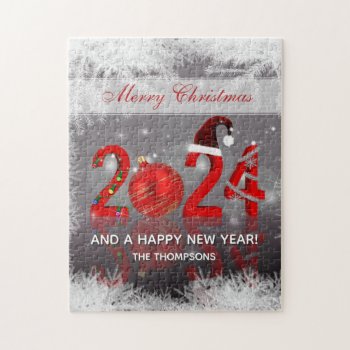 Red Merry Christmas Festive New Year 2024 Jigsaw Puzzle by SorayaShanCollection at Zazzle