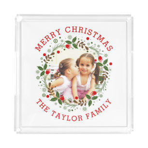 Red Merry Christmas, floral wreath holiday photo Acrylic Tray