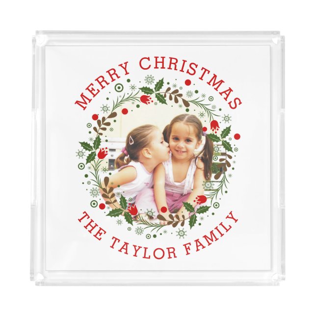 Red Merry Christmas, floral wreath holiday photo Acrylic Tray (Front)
