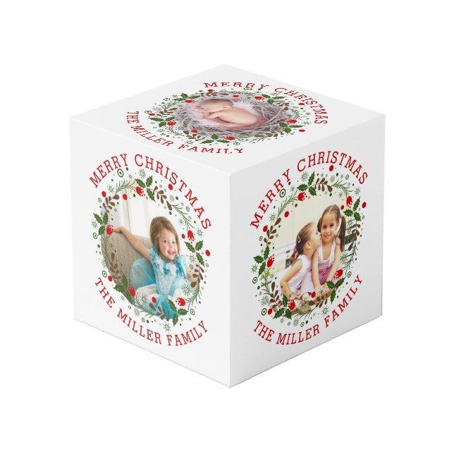 Red Merry Christmas, floral wreath holiday photo Cube (Front Angled)