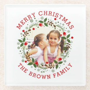 Red Merry Christmas, floral wreath holiday photo Glass Coaster