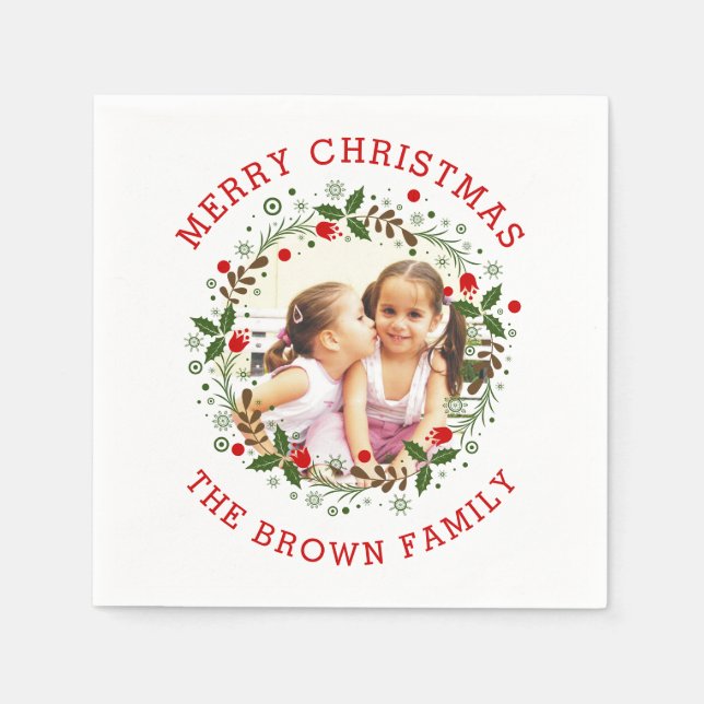 Red Merry Christmas, floral wreath holiday photo Napkins (Front)