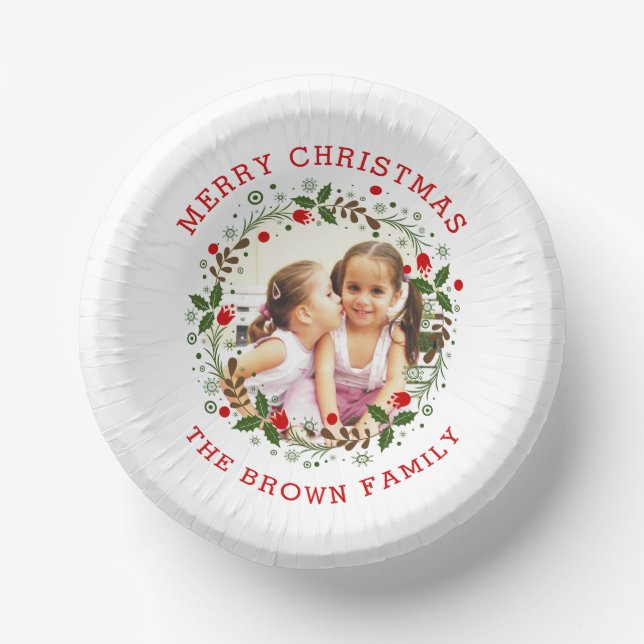 Red Merry Christmas, floral wreath holiday photo Paper Bowls (Front)