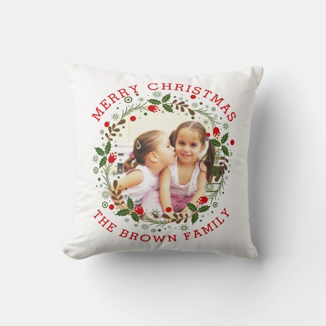 Red Merry Christmas, floral wreath holiday photo Throw Pillow (Front)