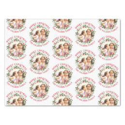 Red Merry Christmas, floral wreath holiday photo Tissue Paper