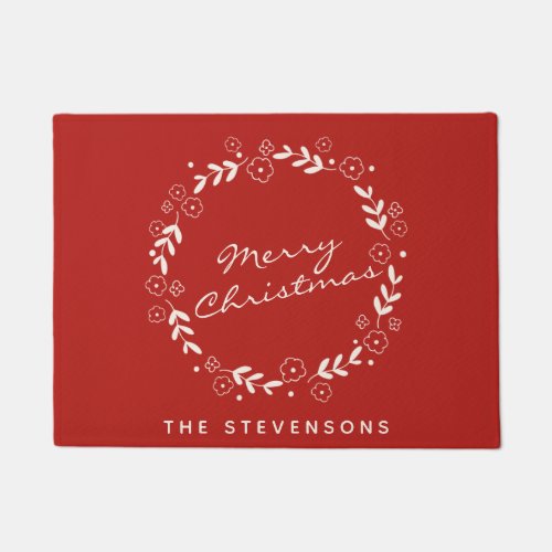 Red Merry Christmas Floral Wreath Personalized Doormat