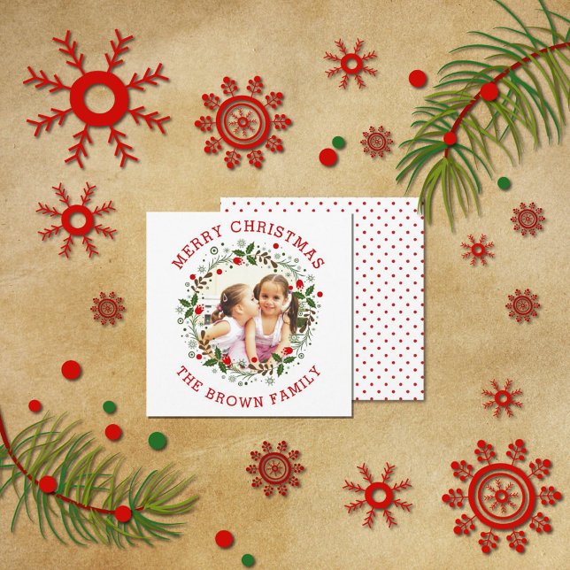 Red Merry Christmas, floral wreath photo Holiday Card (Creator Uploaded)