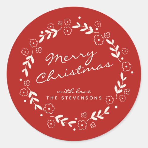 Red Merry Christmas Floral Wreath Simple Custom Classic Round Sticker