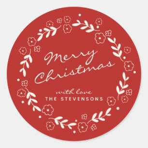 Red Merry Christmas Floral Wreath Simple Custom Classic Round Sticker