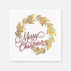 Red Merry Christmas Gold Wreath Napkins