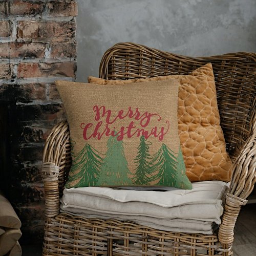 Red Merry Christmas Green Trees Faux Jute Burlap Throw Pillow