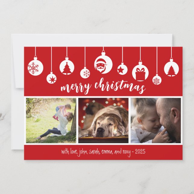 Red Merry Christmas Hanging Ornament Photo Holiday Card (Front)