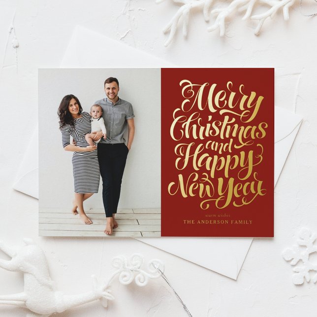 Red Merry Christmas & Happy New Year Photo Foil Holiday Card (Creator Uploaded)