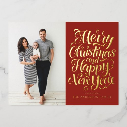 Red Merry Christmas  Happy New Year Photo Foil Holiday Postcard