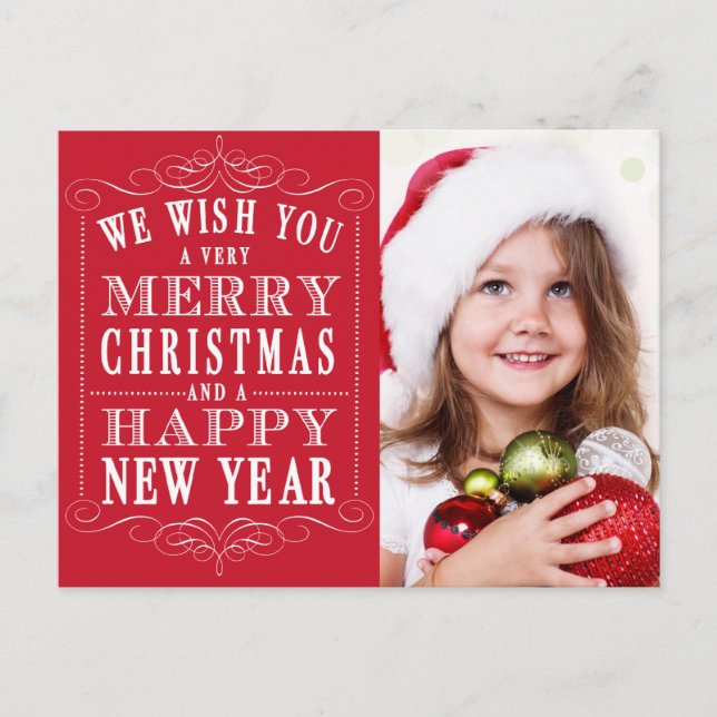 Red Merry Christmas, Happy New Year Photo Holiday Postcard (Front)