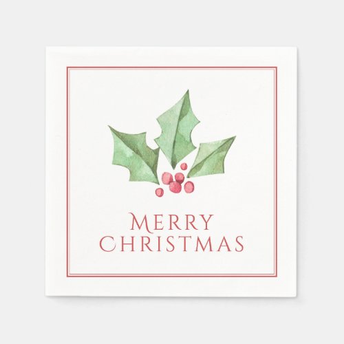 Red Merry Christmas Holly Berries Holiday Napkins