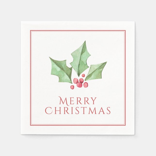 Red Merry Christmas Holly Berries Holiday Napkins (Front)