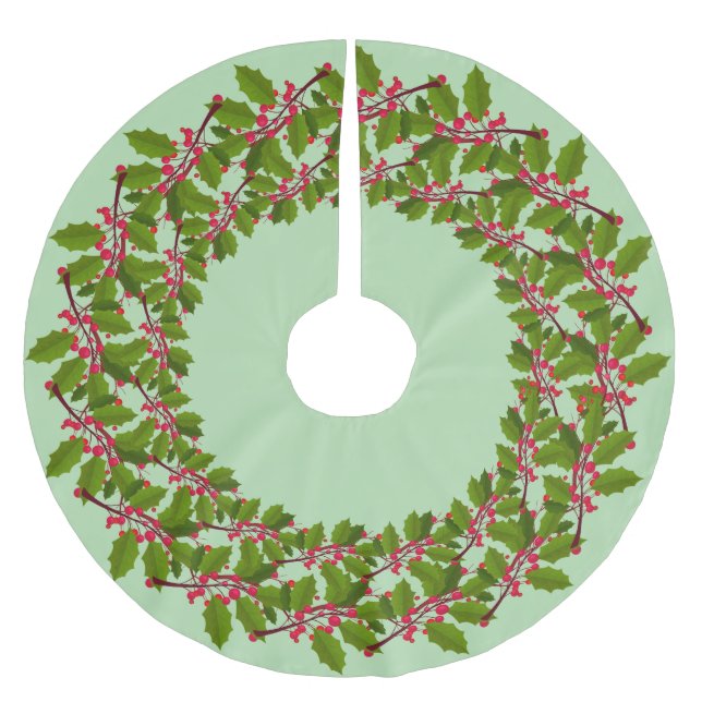 Red Merry Christmas Holly Berries Xmas Pattern Brushed Polyester Tree Skirt (Front)